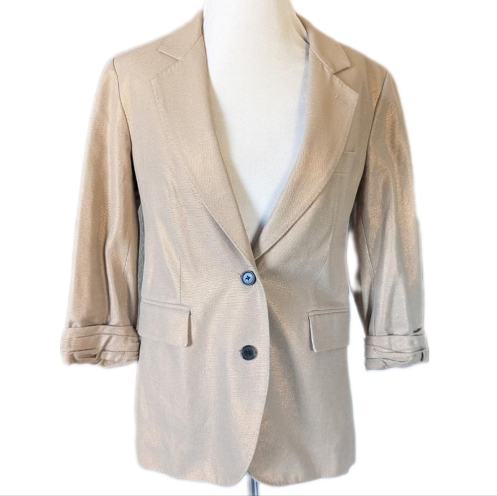 Phillip Lim Blazer Gold Metallic Sz 2 Two Button Jacket 3/4 Sleeve Shiny Sparkle